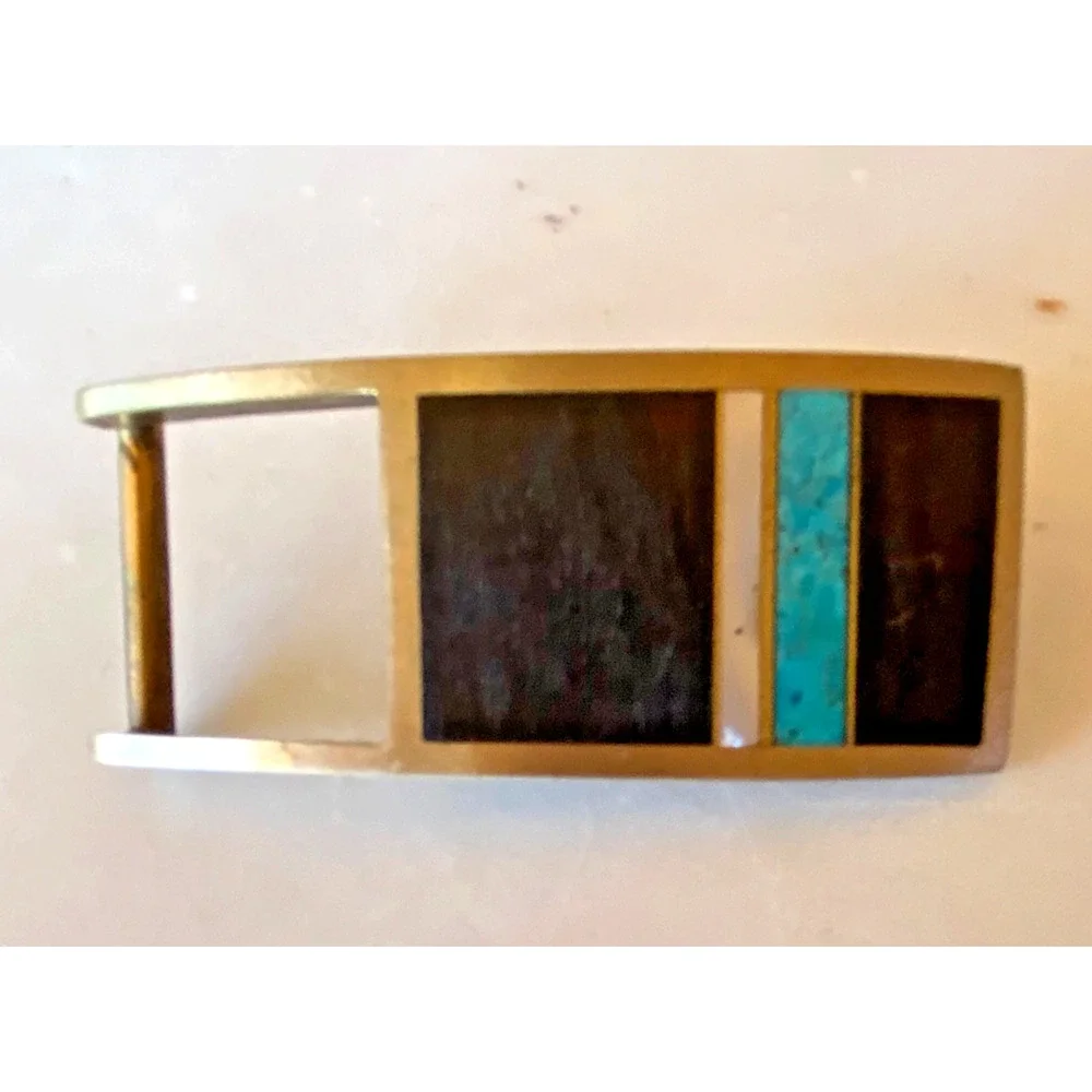 MIKE ROGERS Artist Custom Belt Buckle Albuquerque, NM, Vintage Brass Turquoise